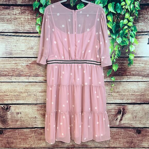 Gal Meets Glam Tiered Polka Dot Dress Midi Size 16P Lined Pink Sheer Sleeves - Picture 5 of 7